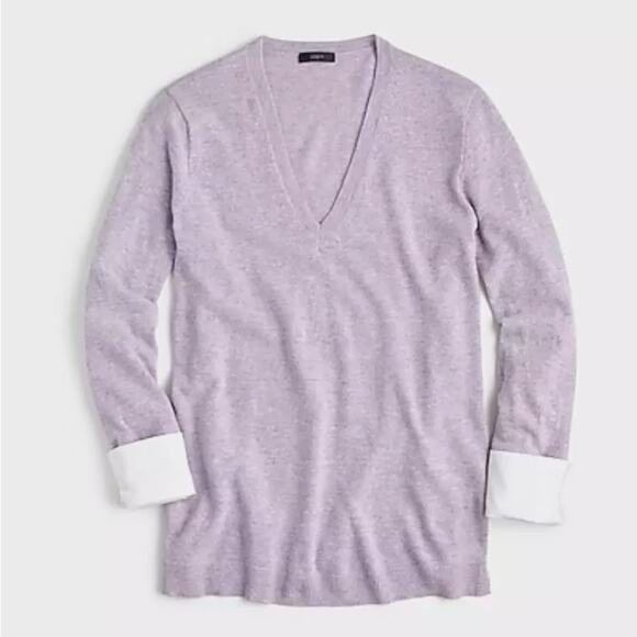 J Crew XXS Purple V Neck Relaxed Pullover Layered Sweater White Cuffs Wool Blend - Picture 1 of 10